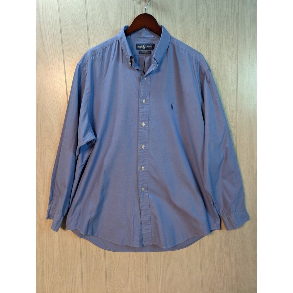 Ralph Lauren Yarmouth Button Front Cotton Shirt Size 17 35 Blue Long Sleeve FLAW